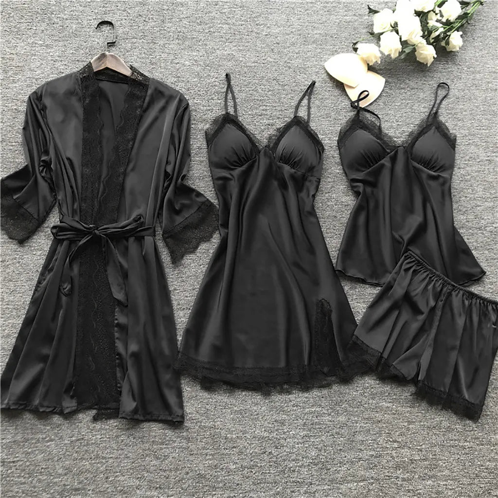 4 Piece Silk Dress Robe Pajama Set
