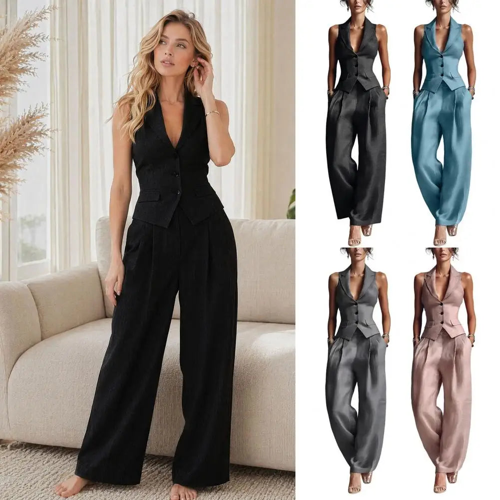 Button-down Vest + Wide Leg Pants Set