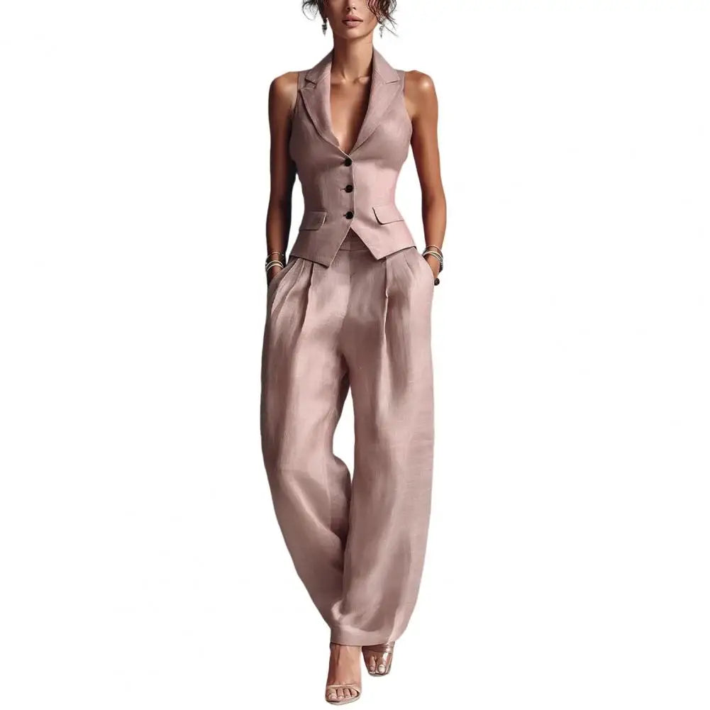 Button-down Vest + Wide Leg Pants Set