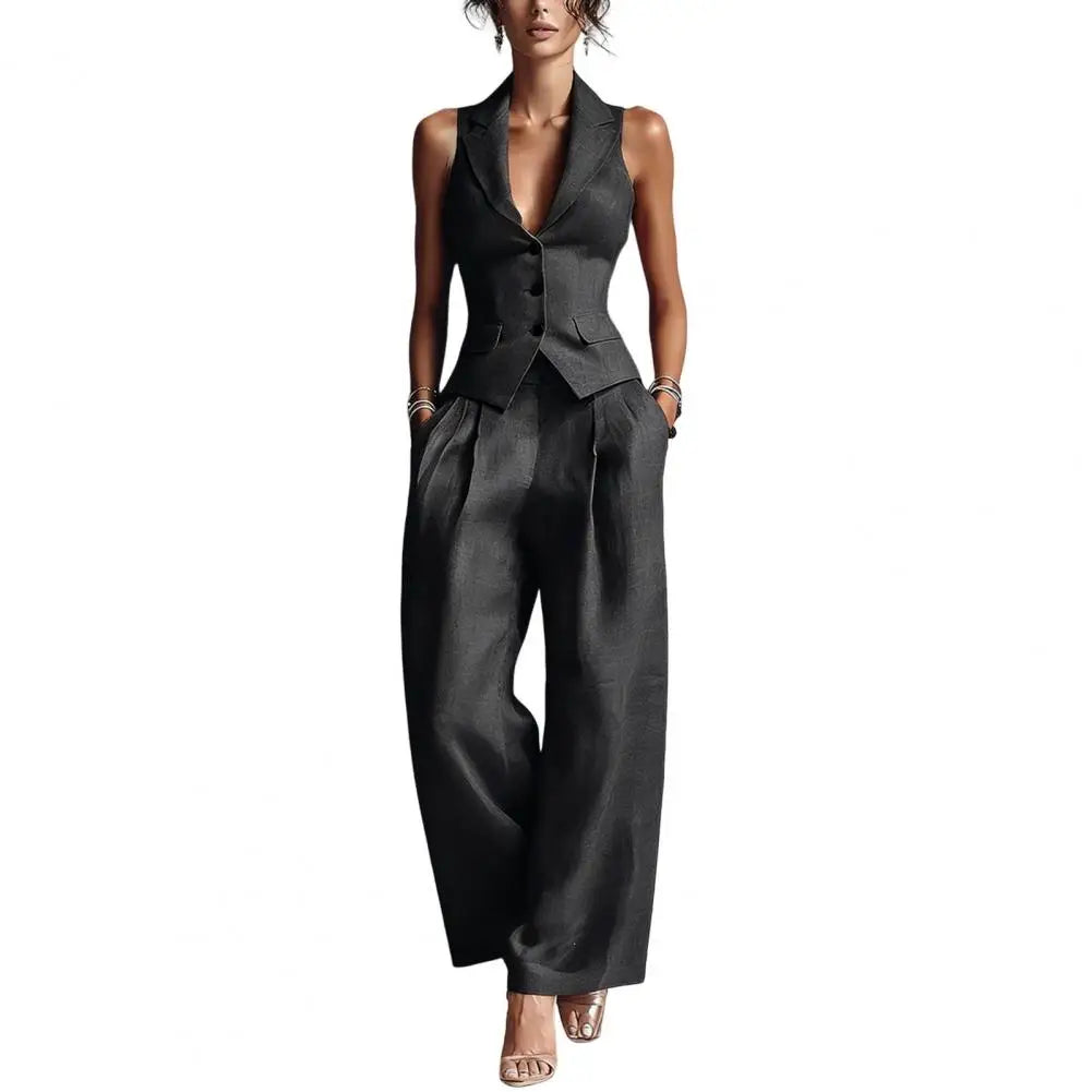 Button-down Vest + Wide Leg Pants Set