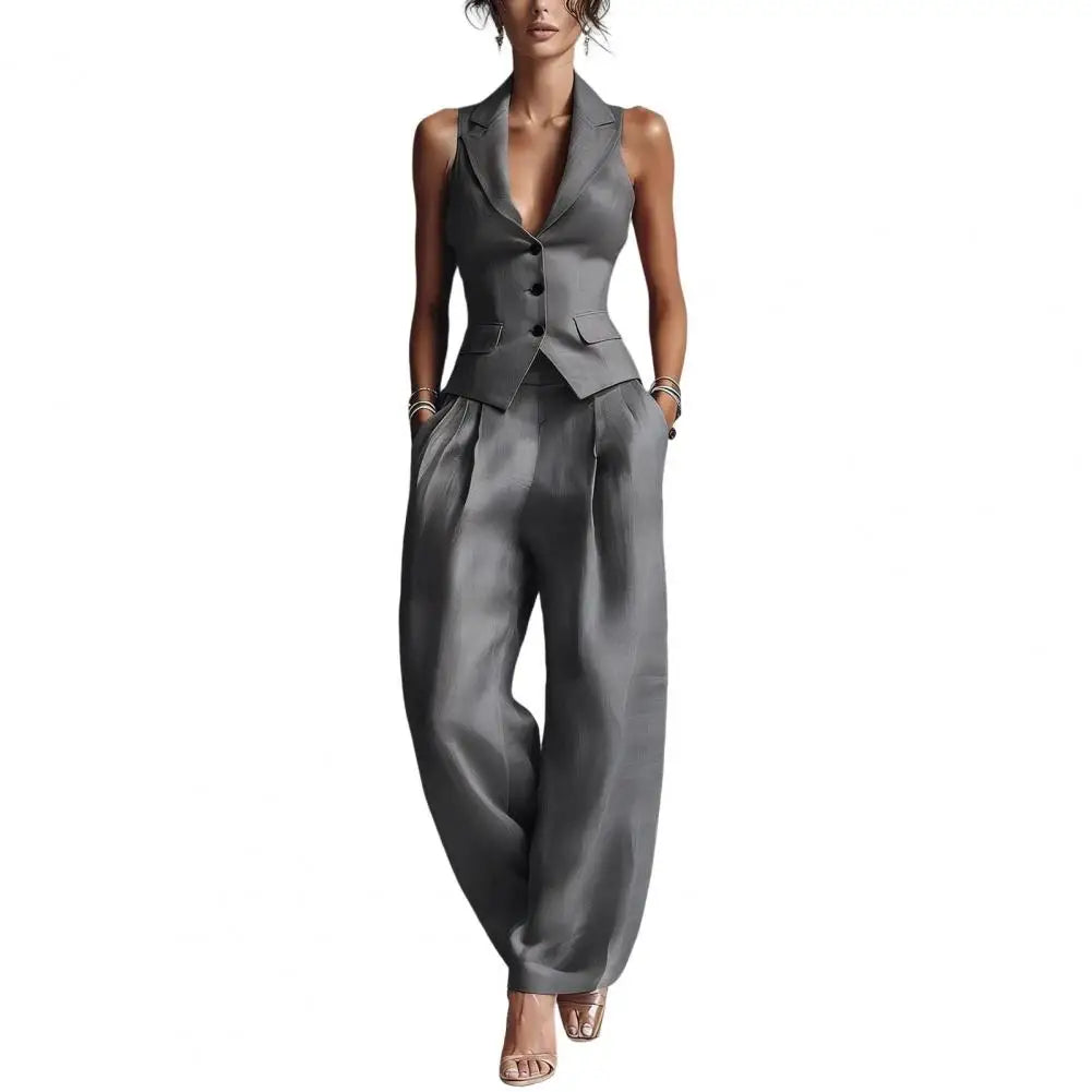 Button-down Vest + Wide Leg Pants Set