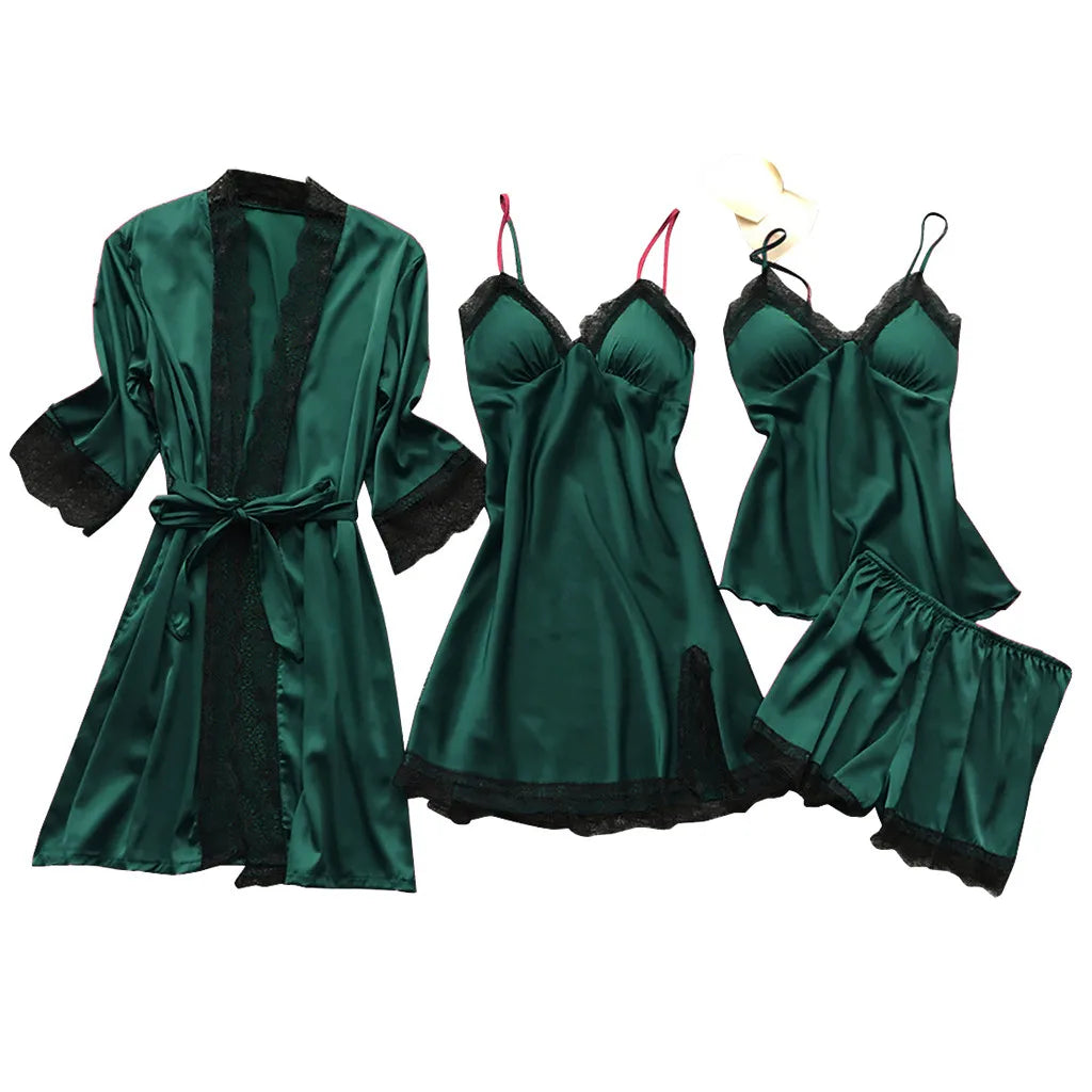 4 Piece Silk Dress Robe Pajama Set