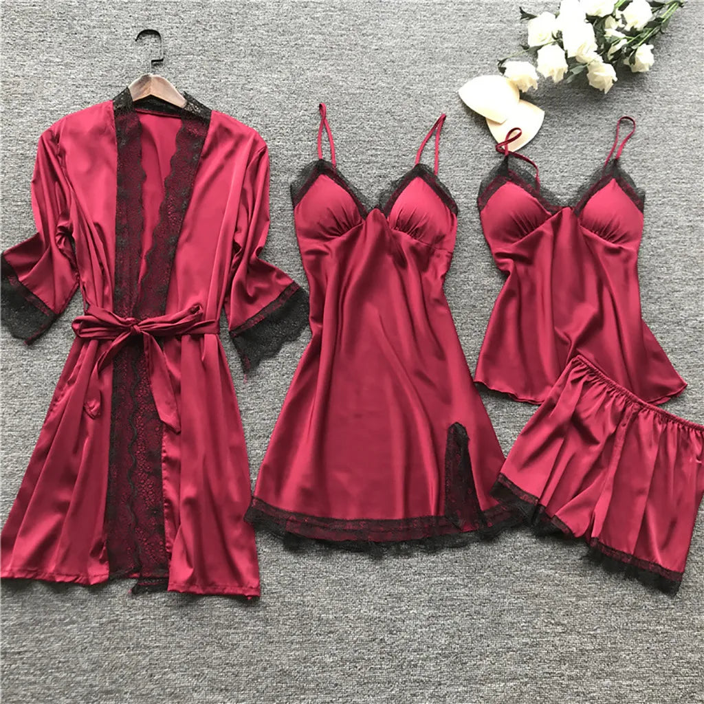 4 Piece Silk Dress Robe Pajama Set
