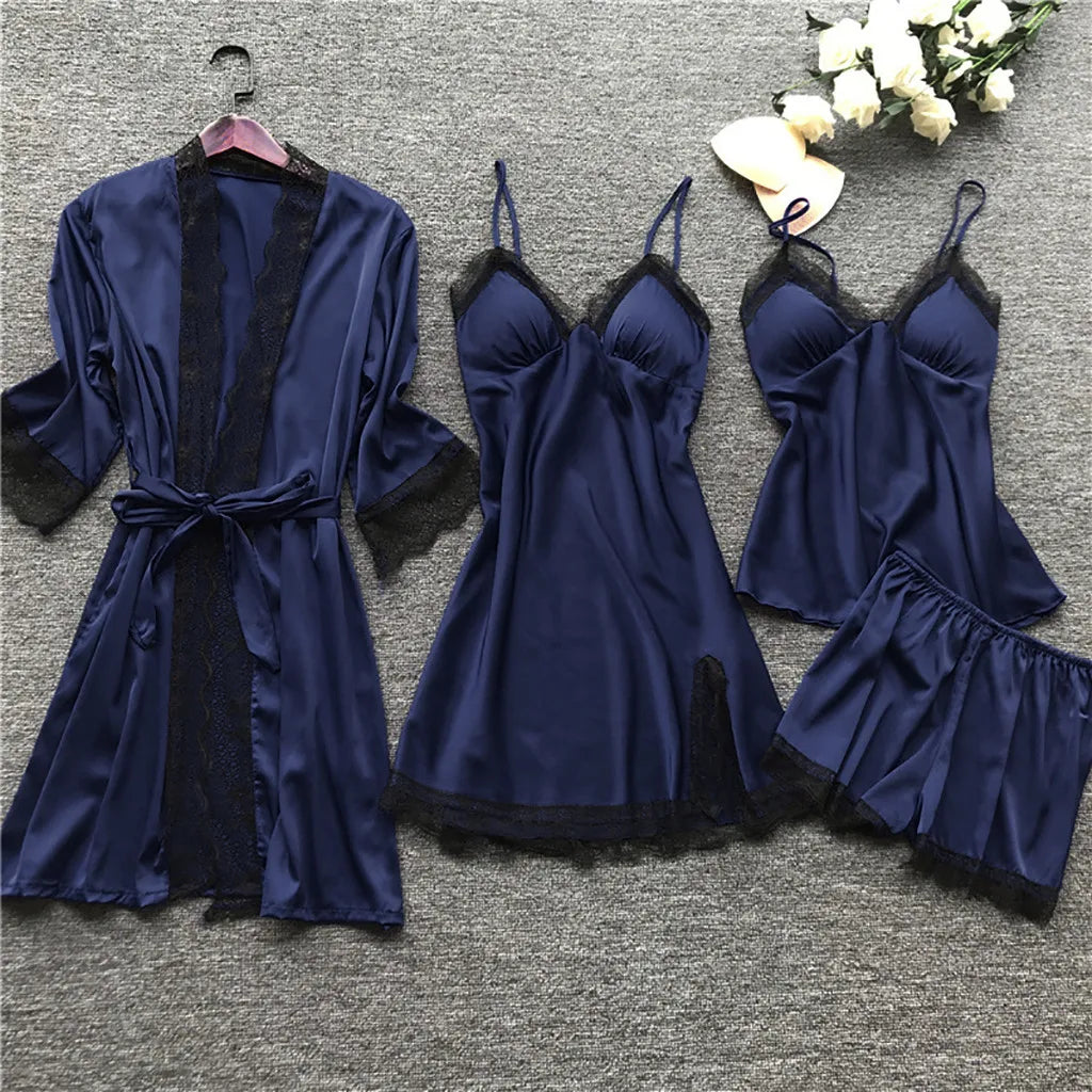 4 Piece Silk Dress Robe Pajama Set
