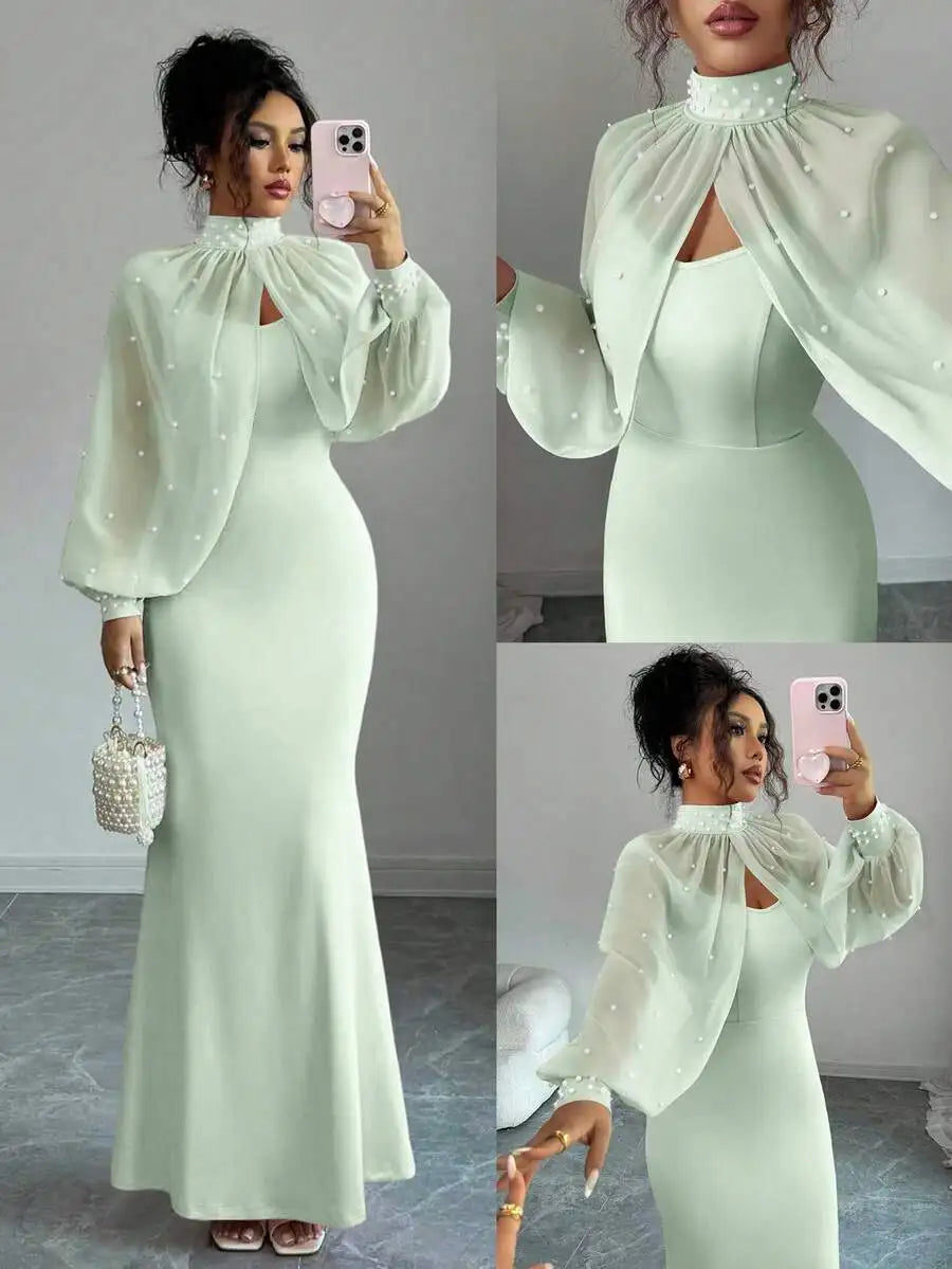 Elegant Mermaid Gown with Beaded Sheer Capelet