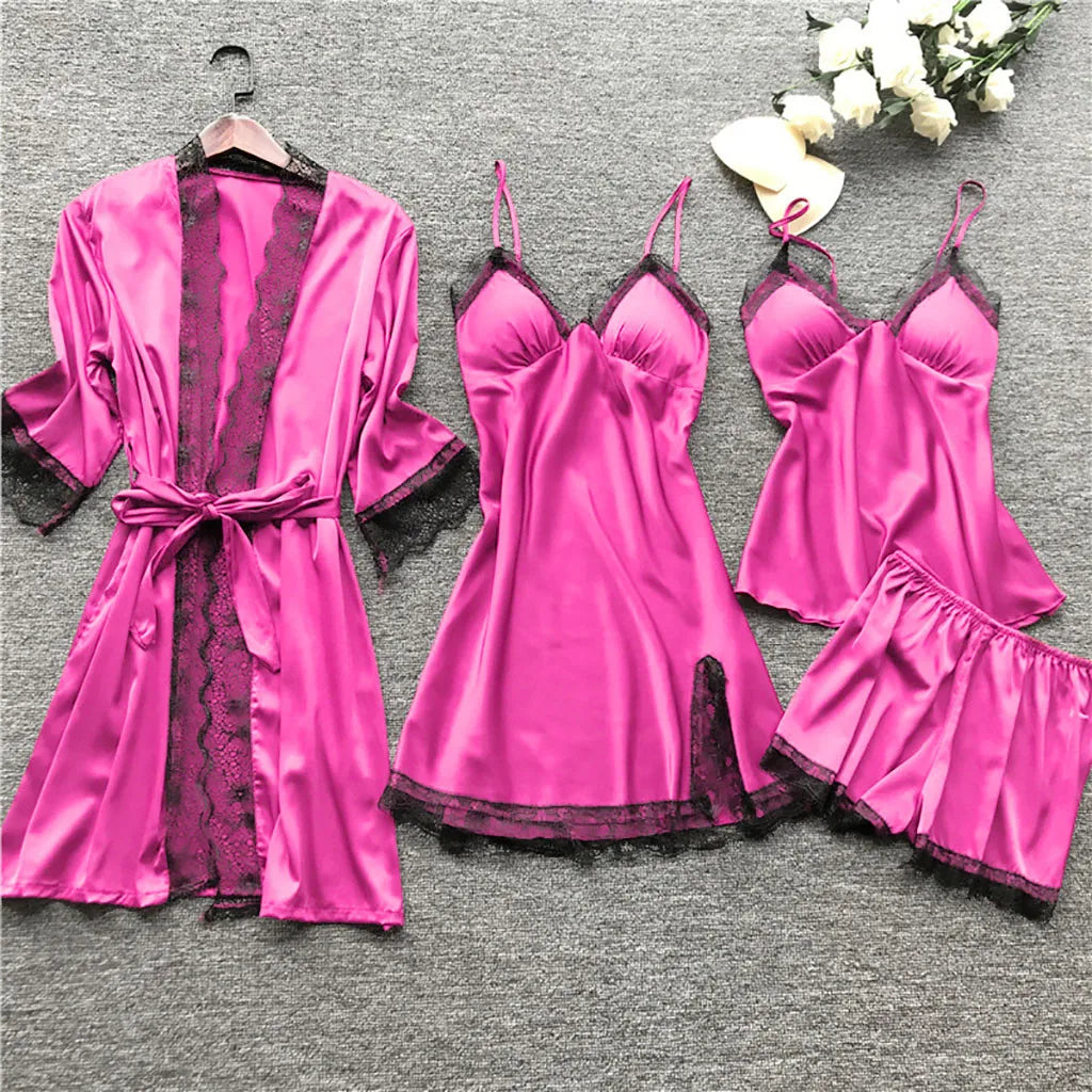 4 Piece Silk Dress Robe Pajama Set
