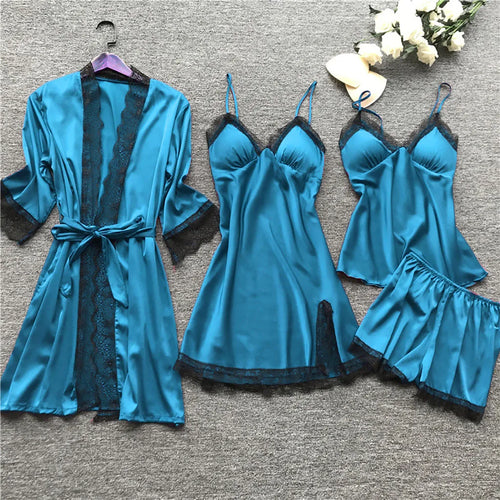 4 Piece Silk Dress Robe Pajama Set