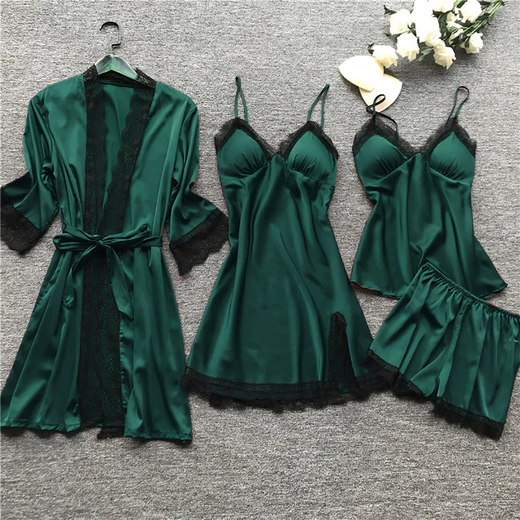 4 Piece Silk Dress Robe Pajama Set