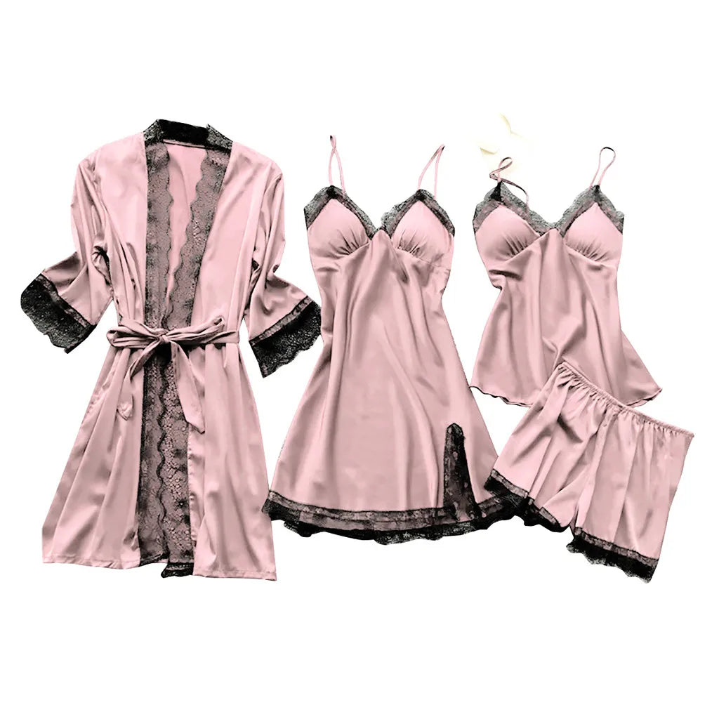 4 Piece Silk Dress Robe Pajama Set