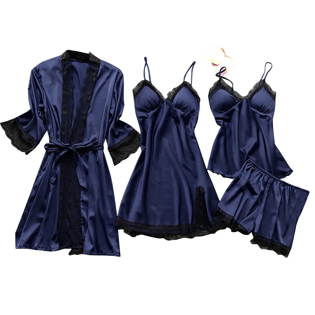 4 Piece Silk Dress Robe Pajama Set