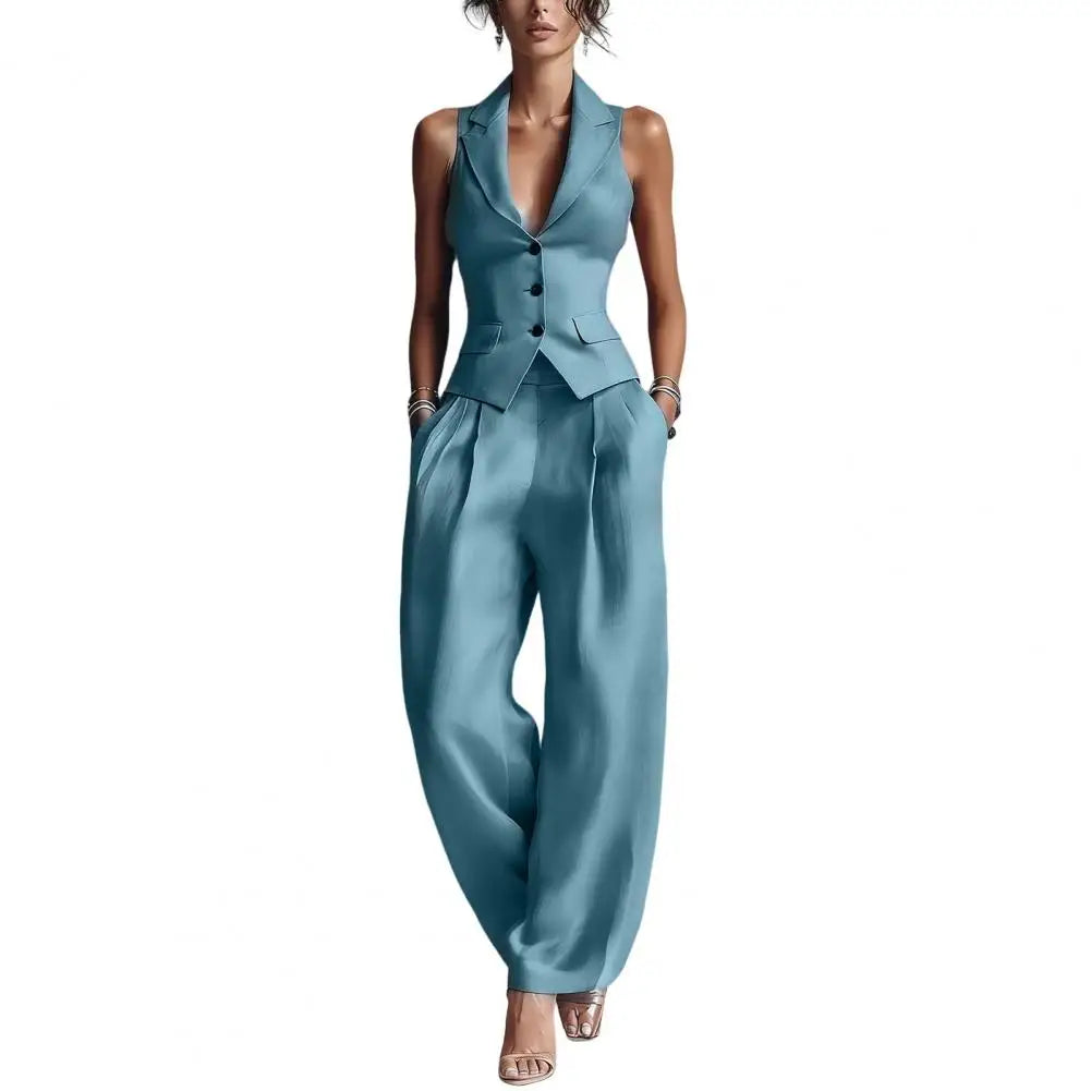 Button-down Vest + Wide Leg Pants Set