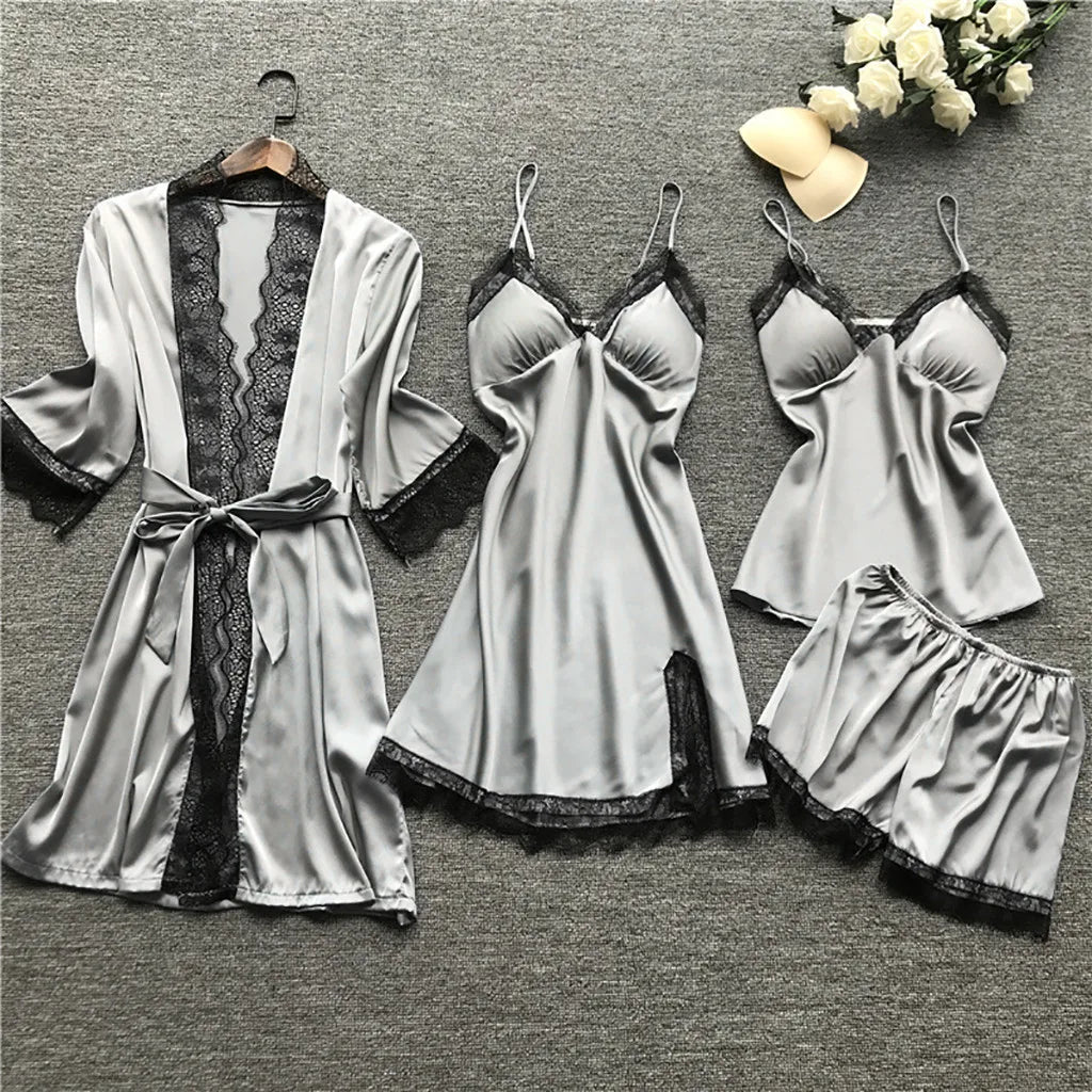 4 Piece Silk Dress Robe Pajama Set
