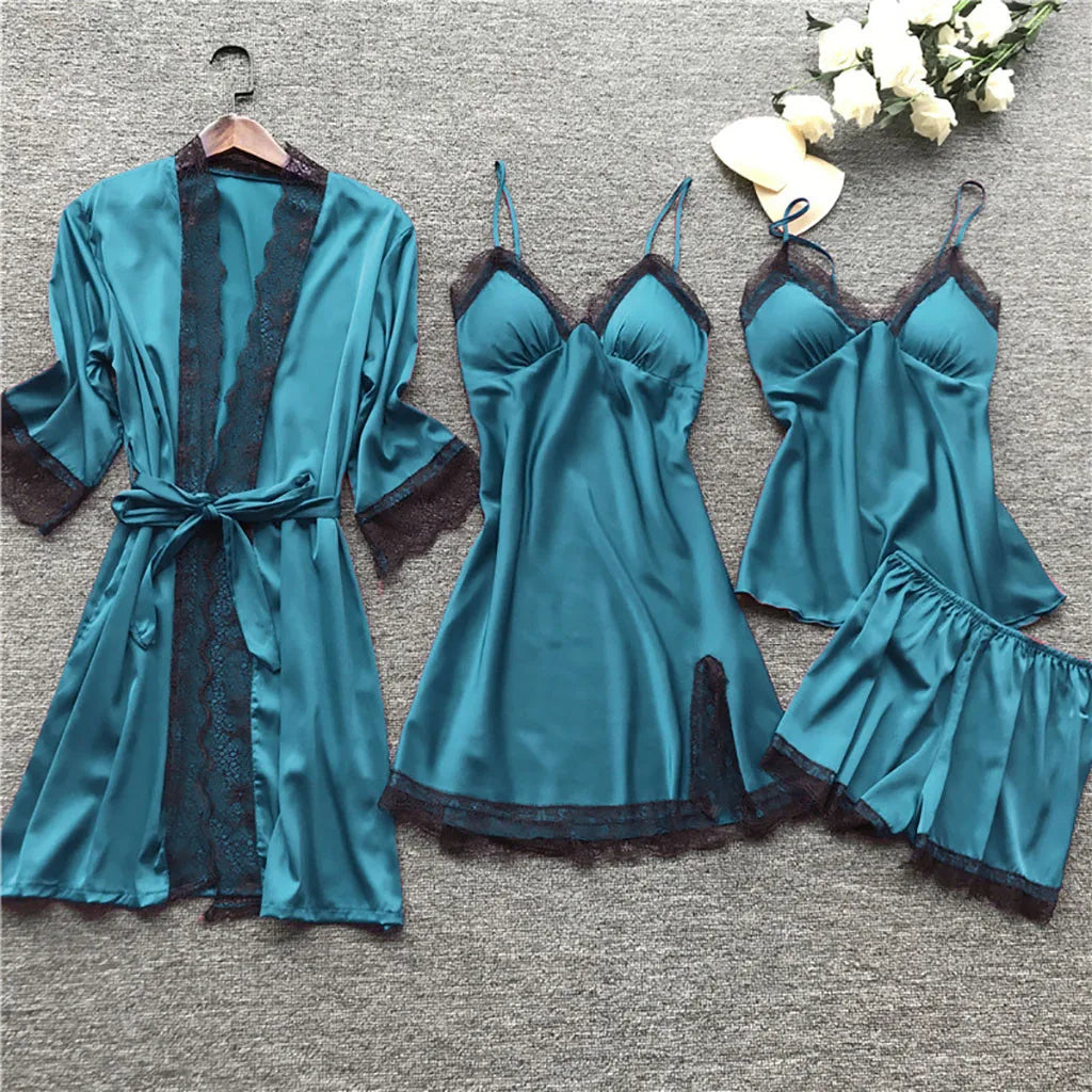 4 Piece Silk Dress Robe Pajama Set