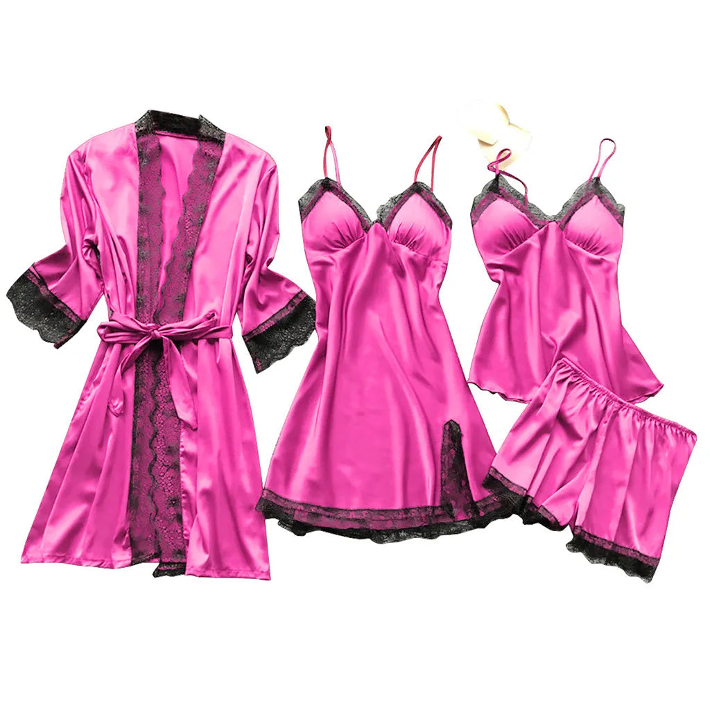 4 Piece Silk Dress Robe Pajama Set