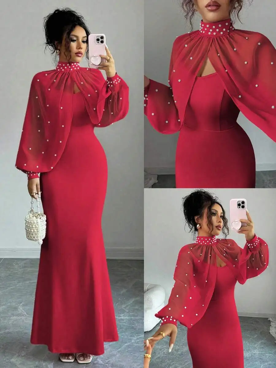 Elegant Mermaid Gown with Beaded Sheer Capelet