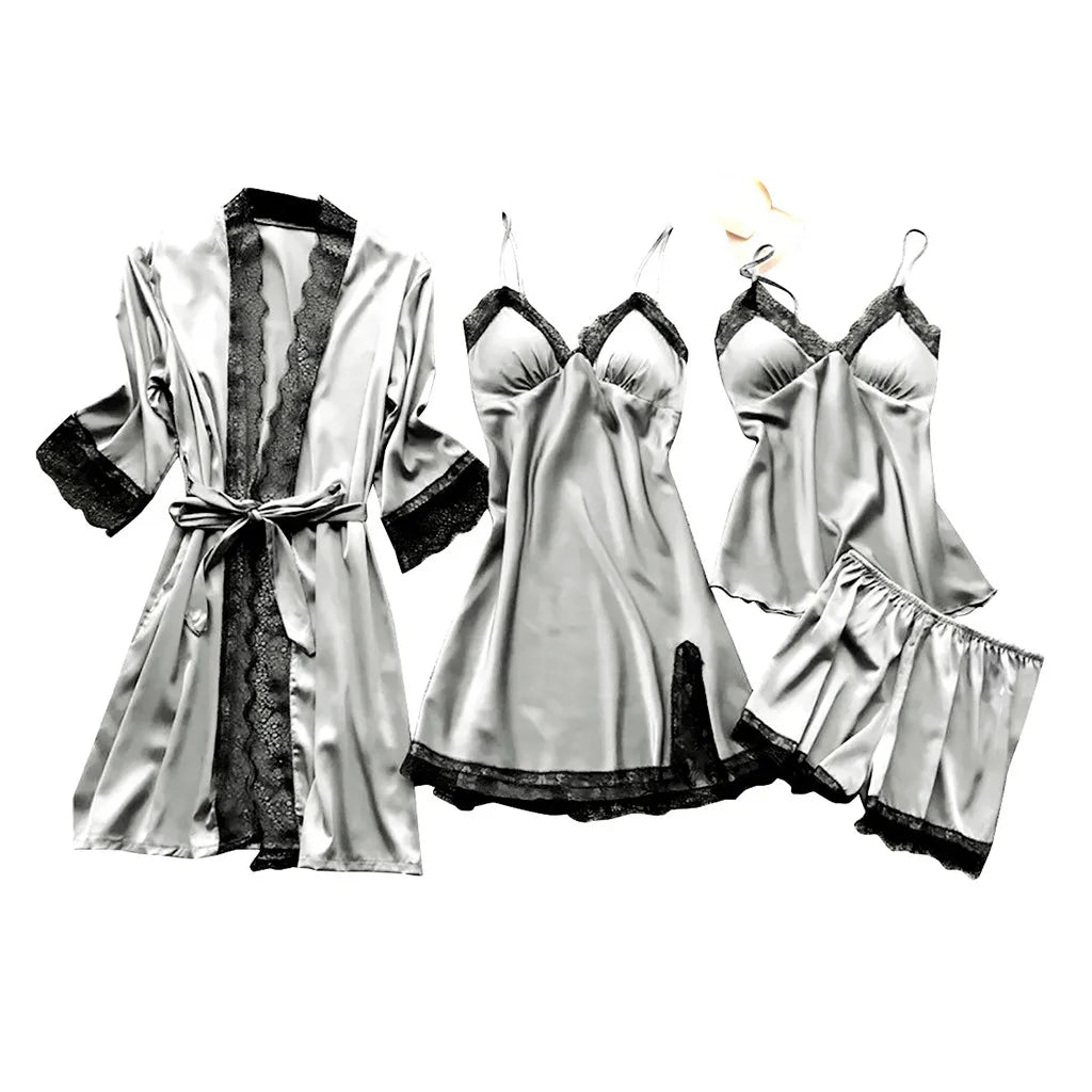 4 Piece Silk Dress Robe Pajama Set