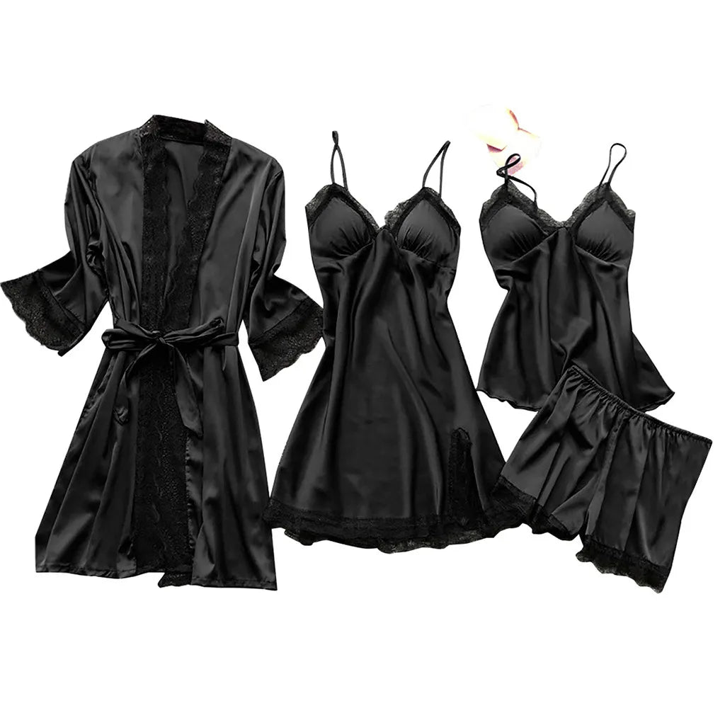 4 Piece Silk Dress Robe Pajama Set