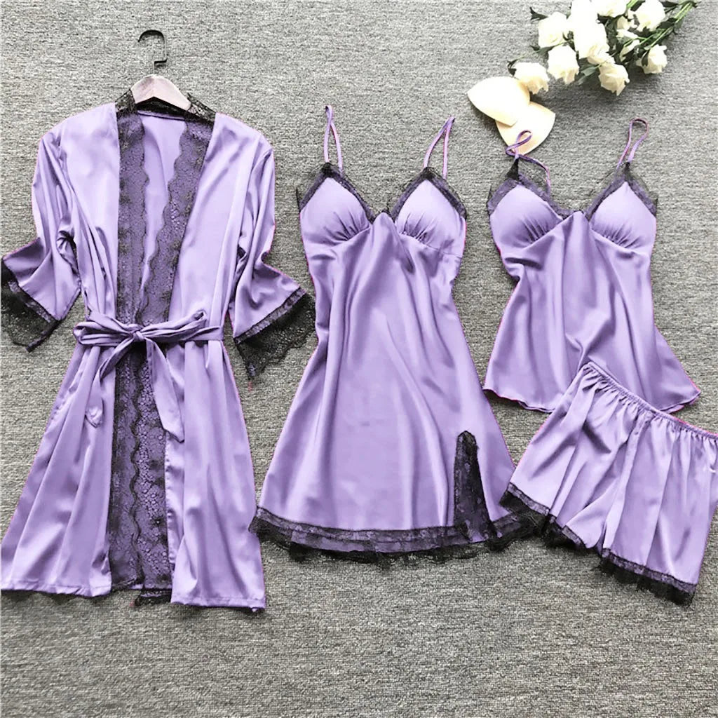 4 Piece Silk Dress Robe Pajama Set