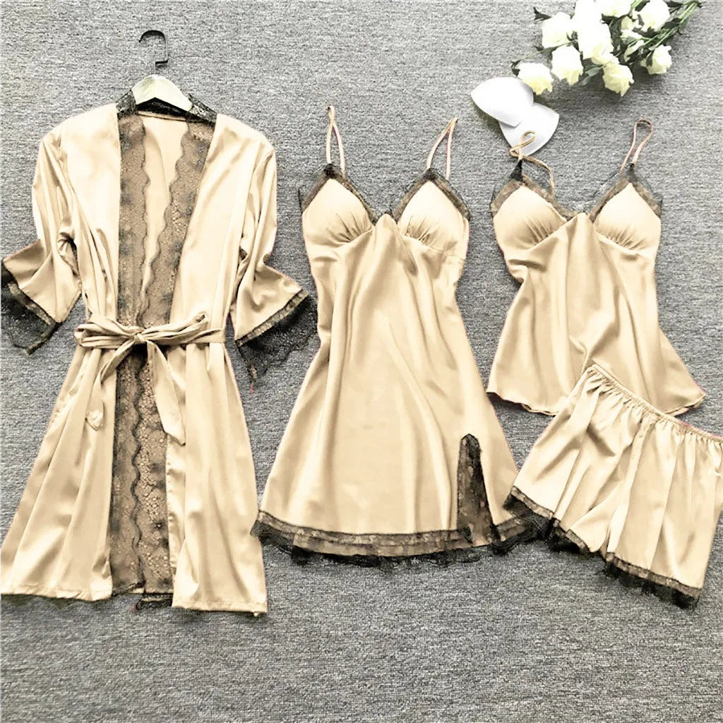 4 Piece Silk Dress Robe Pajama Set