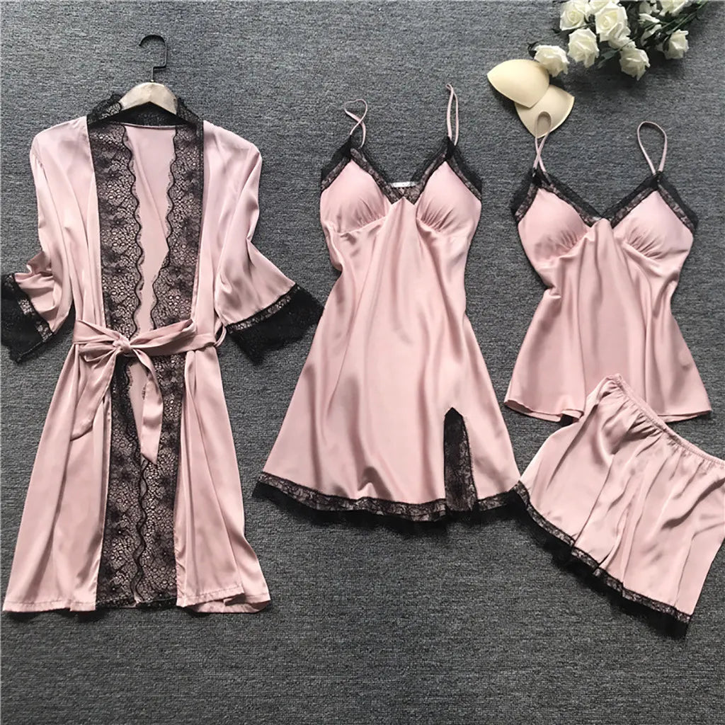 4 Piece Silk Dress Robe Pajama Set