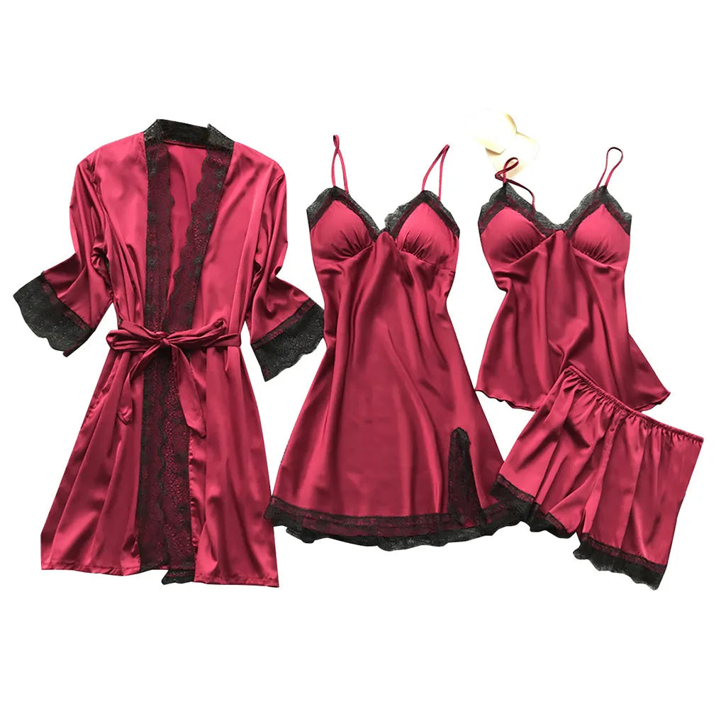 4 Piece Silk Dress Robe Pajama Set