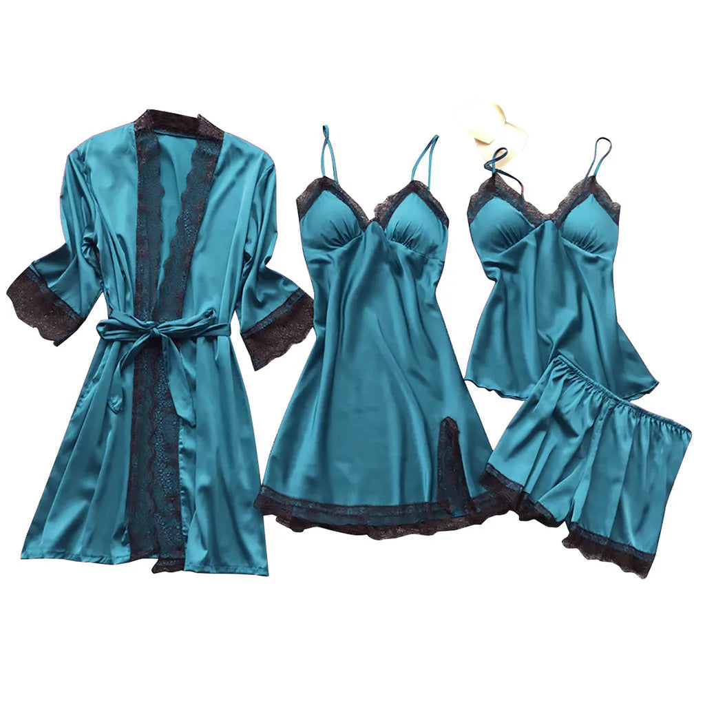4 Piece Silk Dress Robe Pajama Set