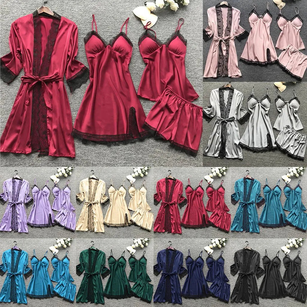 4 Piece Silk Dress Robe Pajama Set