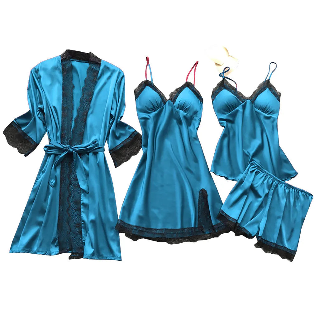 4 Piece Silk Dress Robe Pajama Set